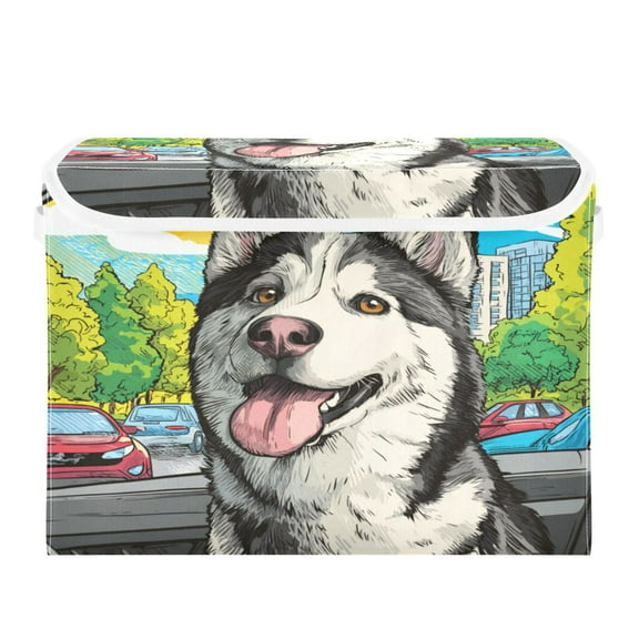 Large Collapsible Storage Box Flip Lid Fabric Decorative Organizer Container Basket with Handles 16.512.611.8in Cool Cute Husky Dog
