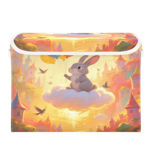 Large Collapsible Storage Box Flip Lid Fabric Decorative Organizer Container Basket with Handles 16.512.611.8in Cute Bunny on A Cloud