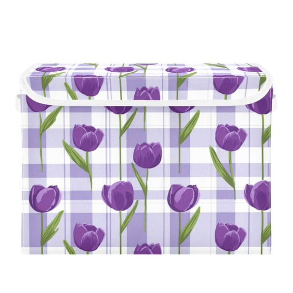 Large Collapsible Storage Box Flip Lid Fabric Decorative Organizer Container Basket with Handles 16.512.611.8in Cute Cartoon Purple Tulips