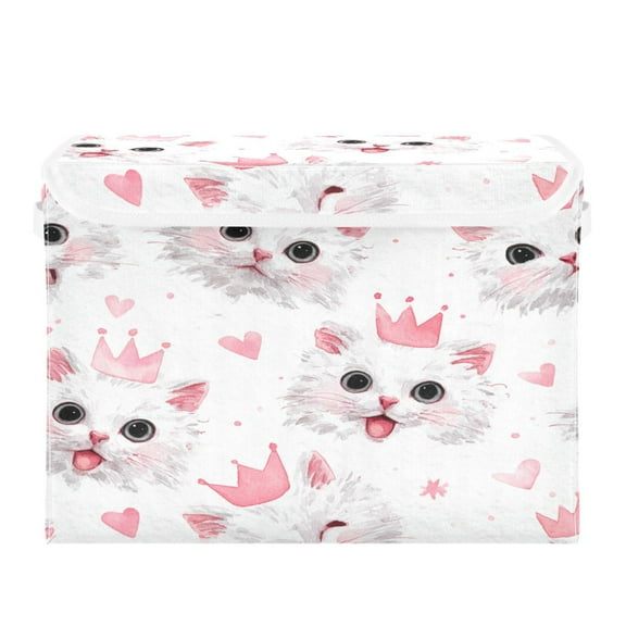 Large Collapsible Storage Box Flip Lid Fabric Decorative Organizer Container Basket with Handles 16.512.611.8in Cute Crown Cats