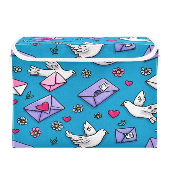 Large Collapsible Storage Box Flip Lid Fabric Decorative Organizer Container Basket with Handles 16.512.611.8in Cute Doves and Envelopes