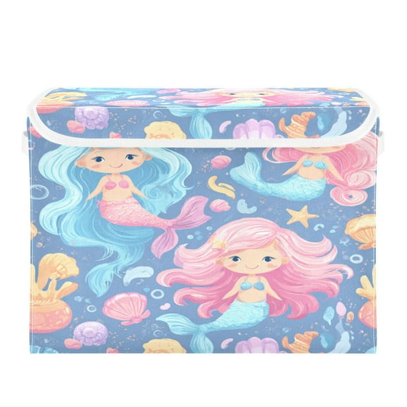 Large Collapsible Storage Box Flip Lid Fabric Decorative Organizer Container Basket with Handles 16.512.611.8in Cute Little Mermaids