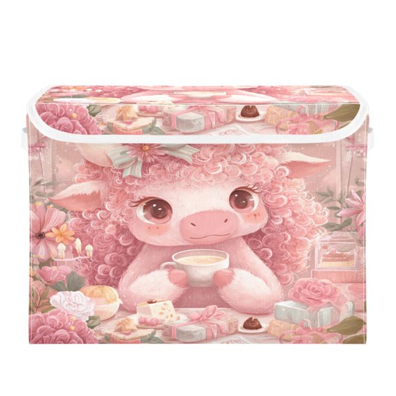 Large Collapsible Storage Box Flip Lid Fabric Decorative Organizer Container Basket with Handles 16.5×12.6×11.8in Cute Little Pink Cow