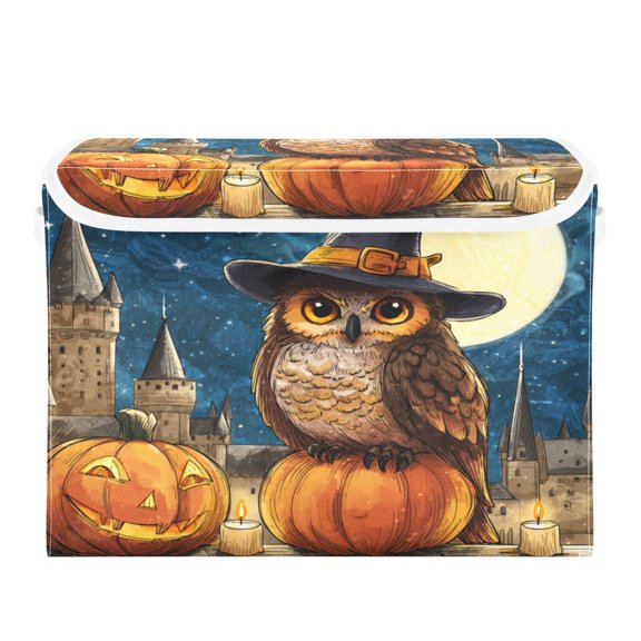 Large Collapsible Storage Box Flip Lid Fabric Decorative Organizer Container Basket with Handles 16.512.611.8in Cute Magic Owl