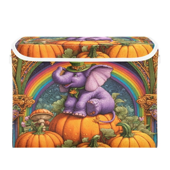 Large Collapsible Storage Box Flip Lid Fabric Decorative Organizer Container Basket with Handles 16.512.611.8in Cute Purple Elephant