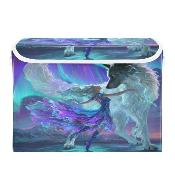 Large Collapsible Storage Box Flip Lid Fabric Decorative Organizer Container Basket with Handles 16.512.611.8in Dances with Wolf