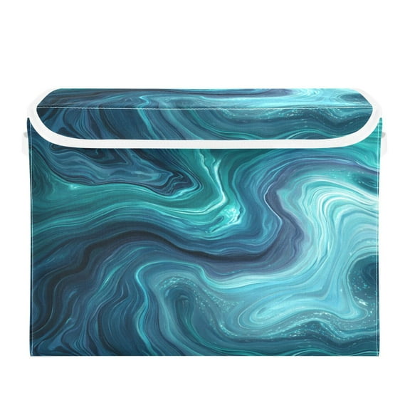 Large Collapsible Storage Box Flip Lid Fabric Decorative Organizer Container Basket with Handles 16.512.611.8in Dark Blue Ocean Waves