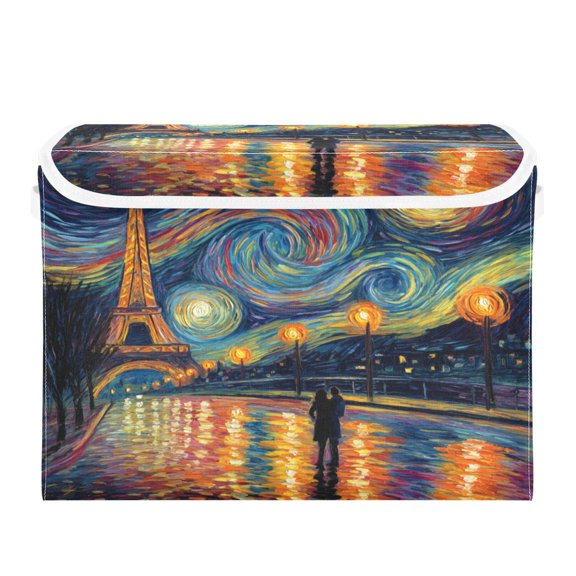 Large Collapsible Storage Box Flip Lid Fabric Decorative Organizer Container Basket with Handles 16.512.611.8in Eiffel Tower under The Stars