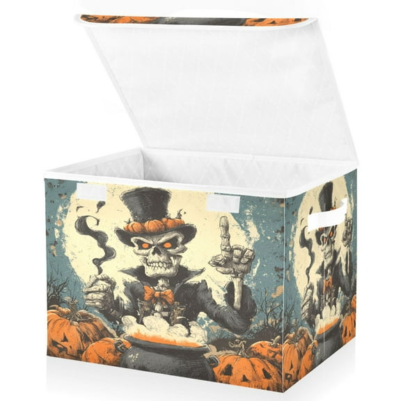 Large Collapsible Storage Box Flip Lid Fabric Decorative Organizer Container Basket with Handles 16.512.611.8in Evil Skeleton Wizard