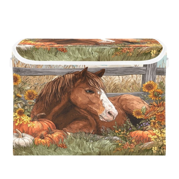 Large Collapsible Storage Box Flip Lid Fabric Decorative Organizer Container Basket with Handles 16.512.611.8in Farm Brown Horse