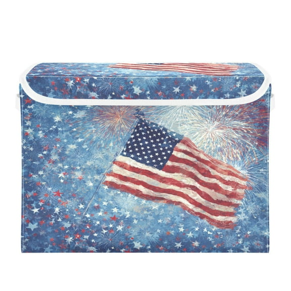 Large Collapsible Storage Box Flip Lid Fabric Decorative Organizer Container Basket with Handles 16.512.611.8in Fireworks and Flag