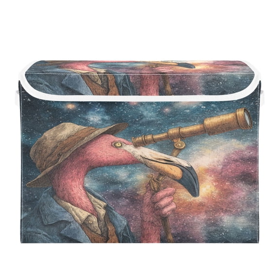 Large Collapsible Storage Box Flip Lid Fabric Decorative Organizer Container Basket with Handles 16.512.611.8in Flamingos Using Binoculars