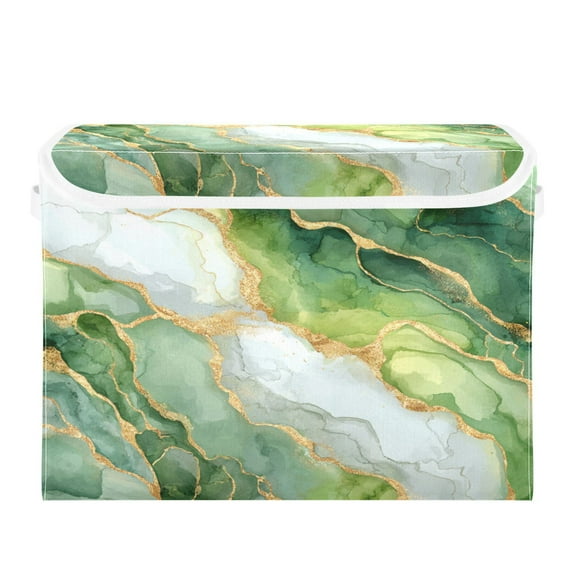 Large Collapsible Storage Box Flip Lid Fabric Decorative Organizer Container Basket with Handles 16.512.611.8in Fresh Golden-green Marble