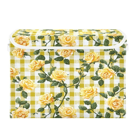 Large Collapsible Storage Box Flip Lid Fabric Decorative Organizer Container Basket with Handles 16.512.611.8in Gingham Pattern Yellow Roses