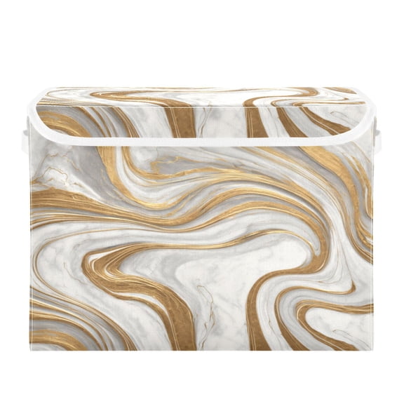 Large Collapsible Storage Box Flip Lid Fabric Decorative Organizer Container Basket with Handles 16.512.611.8in Gold and White Marble