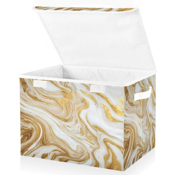 Large Collapsible Storage Box Flip Lid Fabric Decorative Organizer Container Basket with Handles 16.512.611.8in Golden Curved Marble