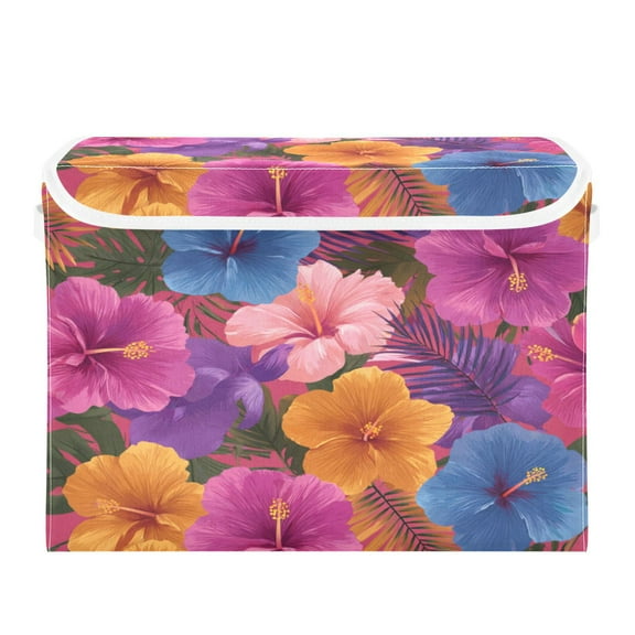 Large Collapsible Storage Box Flip Lid Fabric Decorative Organizer Container Basket with Handles 16.512.611.8in Gorgeous Tropical Plant Flowers