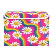 Large Collapsible Storage Box Flip Lid Fabric Decorative Organizer Container Basket with Handles 16.5 12.6 11.8in Groovy Daisies with Smiley Faces