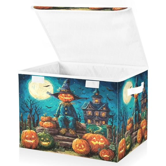 Large Collapsible Storage Box Flip Lid Fabric Decorative Organizer Container Basket with Handles 16.512.611.8in Halloween Pumpkin and Scarecrow