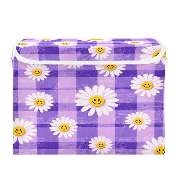 Large Collapsible Storage Box Flip Lid Fabric Decorative Organizer Container Basket with Handles 16.512.611.8in Happy Daisies on Purple