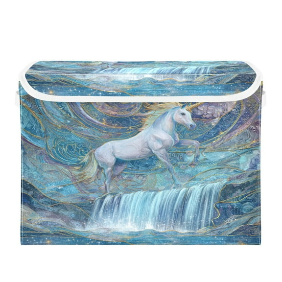 Large Collapsible Storage Box Flip Lid Fabric Decorative Organizer Container Basket with Handles 16.512.611.8in Holy Unicorns