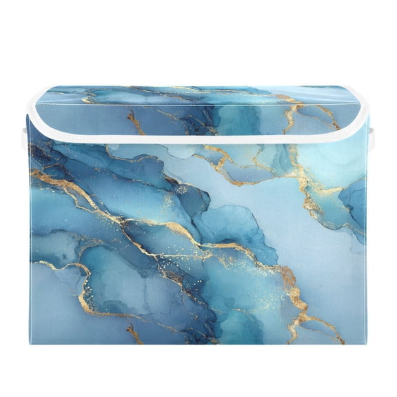 Large Collapsible Storage Box Flip Lid Fabric Decorative Organizer Container Basket with Handles 16.5×12.6×11.8in Light Blue Gold Marble Pattern