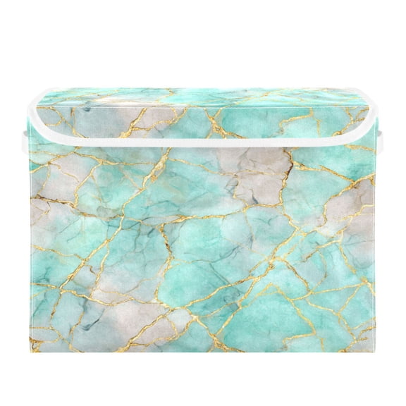 Large Collapsible Storage Box Flip Lid Fabric Decorative Organizer Container Basket with Handles 16.512.611.8in Light Green Gold Marble Pattern