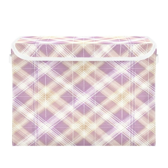Large Collapsible Storage Box Flip Lid Fabric Decorative Organizer Container Basket with Handles 16.512.611.8in Light Pink Checkered Pattern