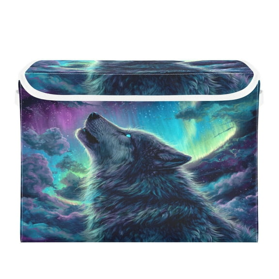 Large Collapsible Storage Box Flip Lid Fabric Decorative Organizer Container Basket with Handles 16.512.611.8in Majestic Wolf