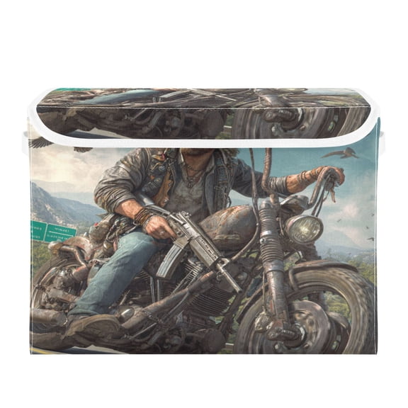 Large Collapsible Storage Box Flip Lid Fabric Decorative Organizer Container Basket with Handles 16.512.611.8in Motorcycle Tough Guy