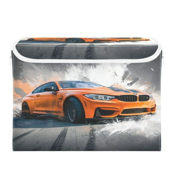 Large Collapsible Storage Box Flip Lid Fabric Decorative Organizer Container Basket with Handles 16.512.611.8in Orange Car Pattern