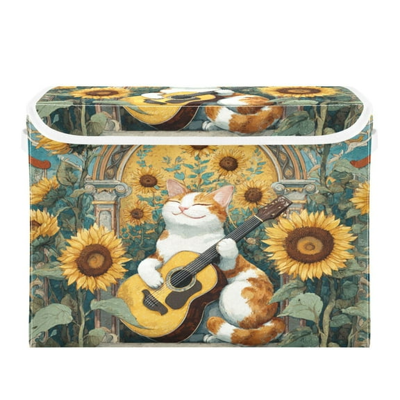 Large Collapsible Storage Box Flip Lid Fabric Decorative Organizer Container Basket with Handles 16.512.611.8in Orange Cat Playing Guitar
