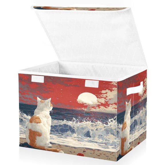 Large Collapsible Storage Box Flip Lid Fabric Decorative Organizer Container Basket with Handles 16.512.611.8in Orange Cat by The Sea
