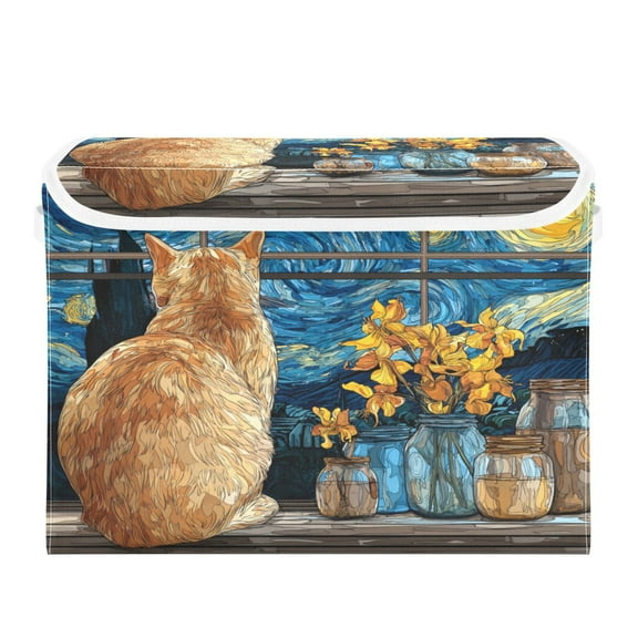 Large Collapsible Storage Box Flip Lid Fabric Decorative Organizer Container Basket with Handles 16.512.611.8in Orange Cat in The Window