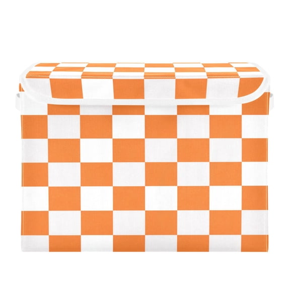 Large Collapsible Storage Box Flip Lid Fabric Decorative Organizer Container Basket with Handles 16.512.611.8in Orange Checkerboard
