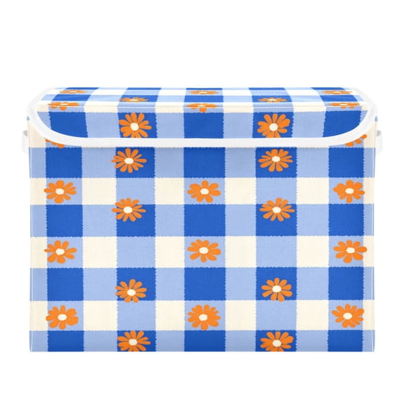 Large Collapsible Storage Box Flip Lid Fabric Decorative Organizer Container Basket with Handles 16.512.611.8in Orange Flowers on Checkered Pattern
