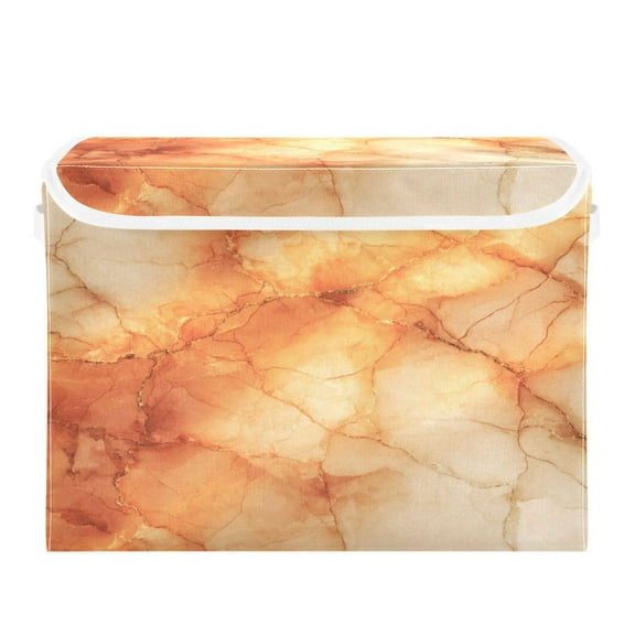 Large Collapsible Storage Box Flip Lid Fabric Decorative Organizer Container Basket with Handles 16.512.611.8in Orange Marble Crack