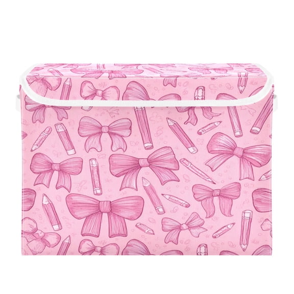 Large Collapsible Storage Box Flip Lid Fabric Decorative Organizer Container Basket with Handles 16.512.611.8in Pink Bows and Pencils