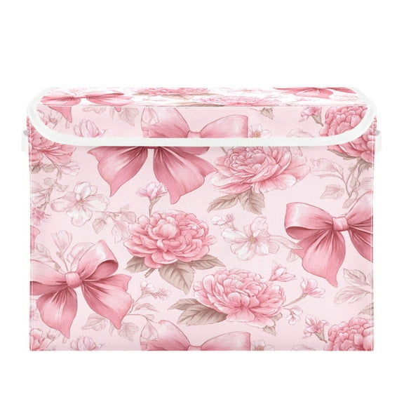 Large Collapsible Storage Box Flip Lid Fabric Decorative Organizer Container Basket with Handles 16.512.611.8in Pink Bows and Peony Flowers