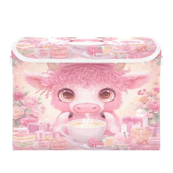 Large Collapsible Storage Box Flip Lid Fabric Decorative Organizer Container Basket with Handles 16.5×12.6×11.8in Pink-haired Cow