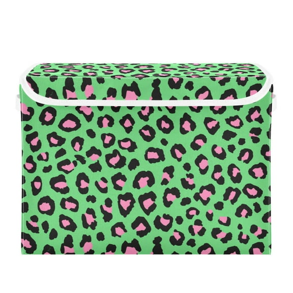 Large Collapsible Storage Box Flip Lid Fabric Decorative Organizer Container Basket with Handles 16.512.611.8in Powder Green Retro Leopard Print