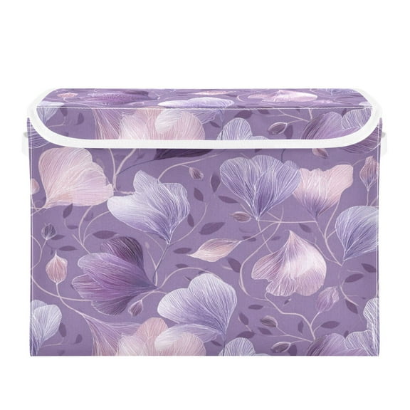 Large Collapsible Storage Box Flip Lid Fabric Decorative Organizer Container Basket with Handles 16.512.611.8in Ppurple Lace-like Flowers