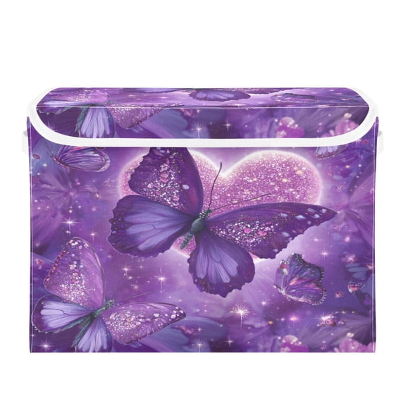 Large Collapsible Storage Box Flip Lid Fabric Decorative Organizer Container Basket with Handles 16.512.611.8in Purple Diamond Butterfly