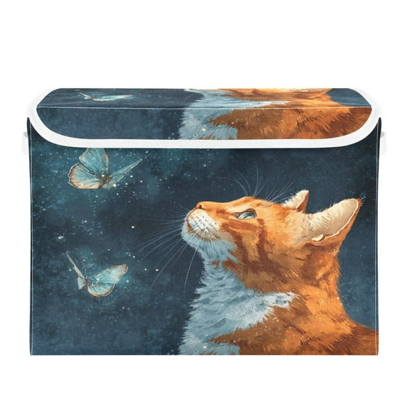 Large Collapsible Storage Box Flip Lid Fabric Decorative Organizer Container Basket with Handles 16.512.611.8in Realistic Cute Orange Cat