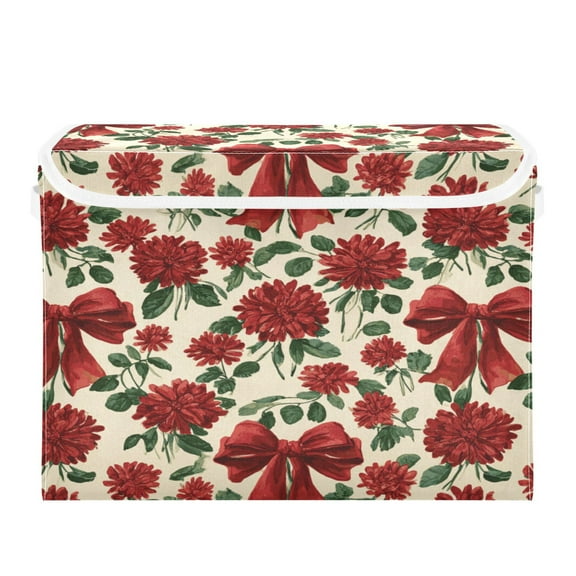 Large Collapsible Storage Box Flip Lid Fabric Decorative Organizer Container Basket with Handles 16.512.611.8in Red Christmas Bows and Floral