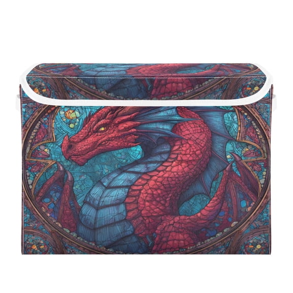 Large Collapsible Storage Box Flip Lid Fabric Decorative Organizer Container Basket with Handles 16.512.611.8in Red Magical Dragon King