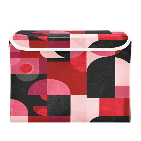 Large Collapsible Storage Box Flip Lid Fabric Decorative Organizer Container Basket with Handles 16.5×12.6×11.8in Red and Black Record Pattern