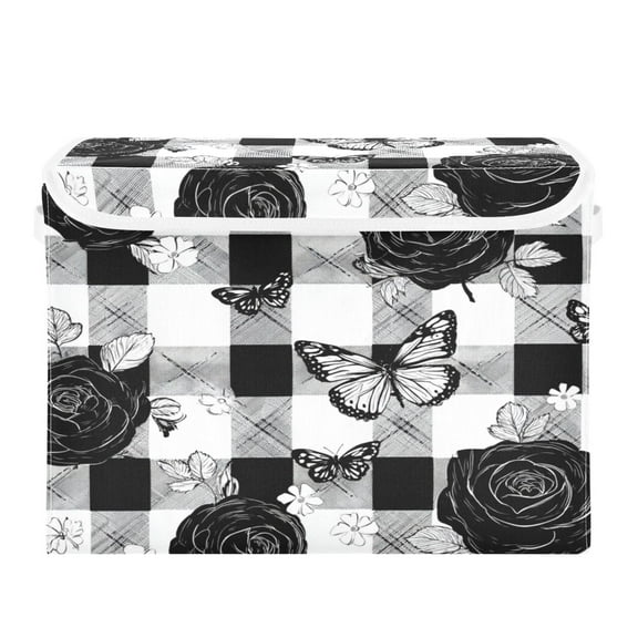 Large Collapsible Storage Box Flip Lid Fabric Decorative Organizer Container Basket with Handles 16.512.611.8in Rose Checkered Pattern