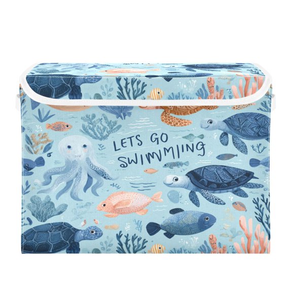 Large Collapsible Storage Box Flip Lid Fabric Decorative Organizer Container Basket with Handles 16.512.611.8in Sea Creatures