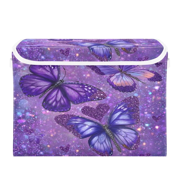 Large Collapsible Storage Box Flip Lid Fabric Decorative Organizer Container Basket with Handles 16.512.611.8in Shimmering Purple Butterflies